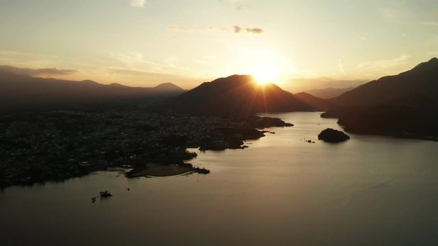 Panoramic view of Mt. Fuji at sunset at lake Kawaguchiko, Japan. Aerial view.