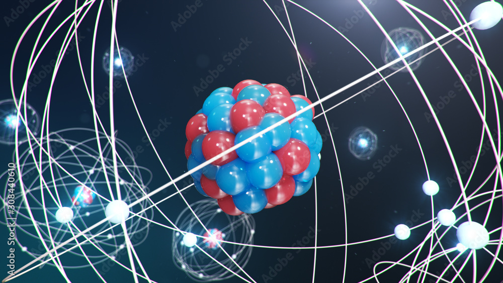 Poster abstract atom model. atom is the smallest level of matter that forms chemical elements. glowing ener