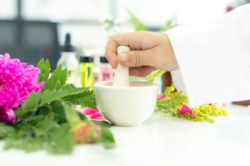Close up hands woman science lab research for Natural alternative herb and essential oil from fresh flower new product skin care with microscope laboratory.  Healthy a Natural herb Concept