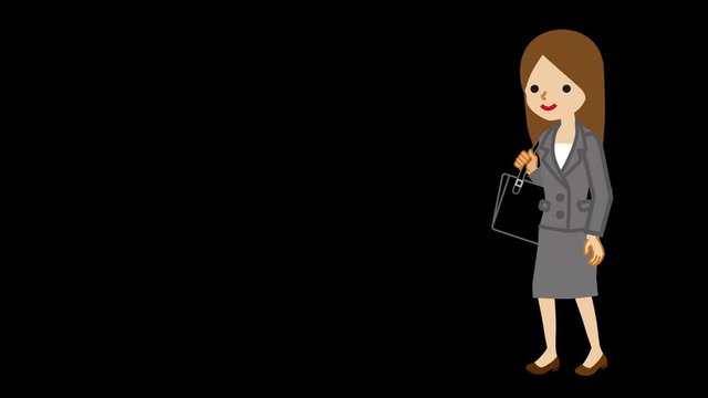 Alpha channel file - Animation of cartoon businesswoman who walk and passing through the screen