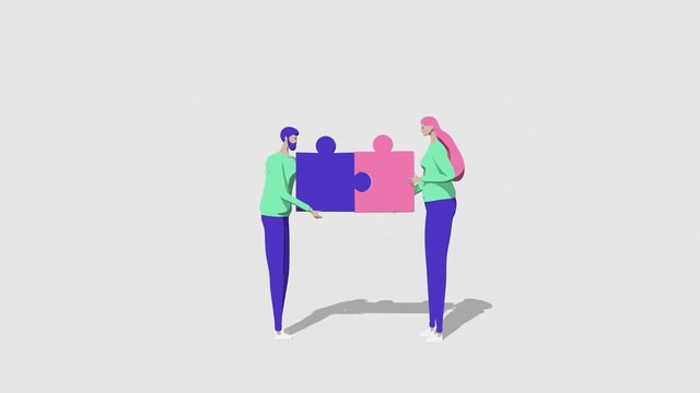 Person people man and woman meet each other and connect puzzles. Collaboration businessman team support and help concept. 3D rendering flat design style.