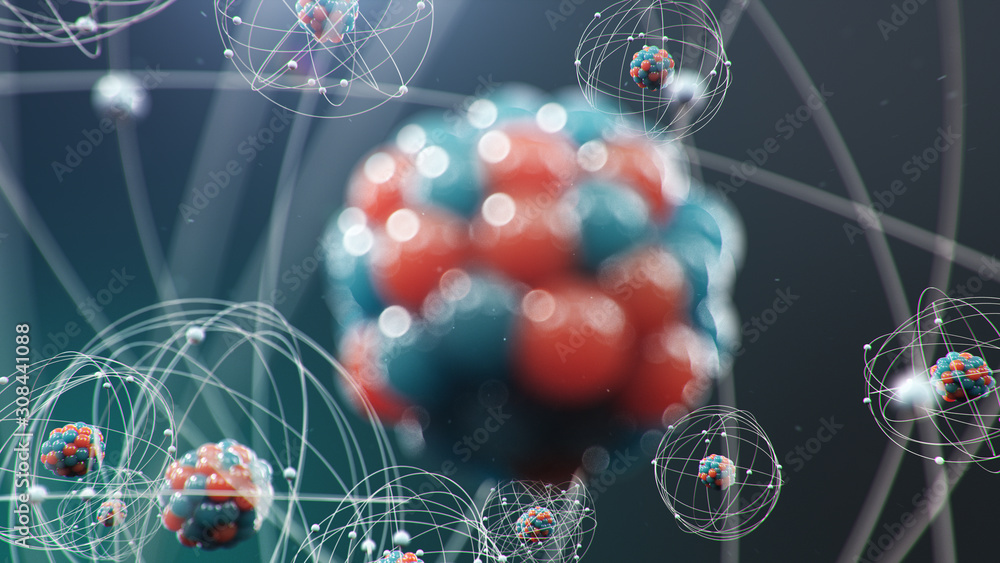 Poster abstract atom model. atom is the smallest level of matter that forms chemical elements. glowing ener