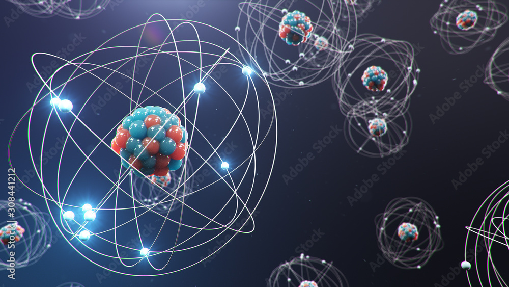Poster 3d illustration atomic structure. atom is the smallest level of matter that forms chemical elements.