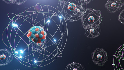 3D Illustration Atomic structure. Atom is the smallest level of matter that forms chemical elements. Glowing energy balls. Nuclear reaction. Concept nanotechnology. Neutrons and protons - nucleus. - obrazy, fototapety, plakaty