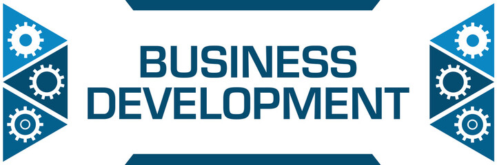 Obraz premium Business Development Blue Triangles Both Sides Gears 