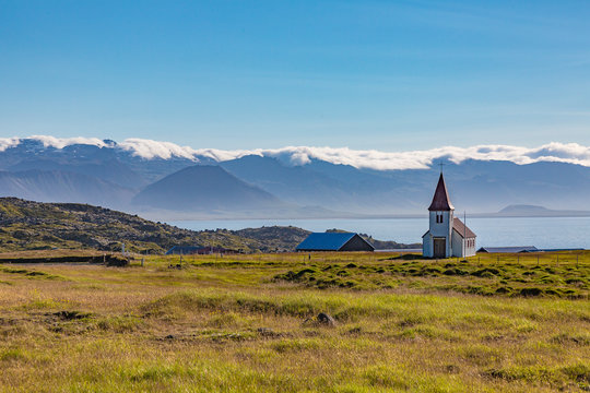 Church of Arnarstapi village on Snaefells peninsula on Iceland in summer
