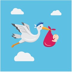 stork with baby, bird flying deliver newborn human cartoon illustration vector 