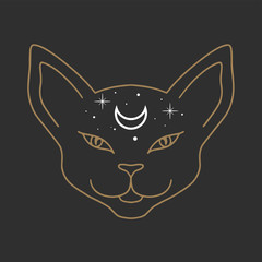 Cat face with moon on his forehead line art. Wiccan familiar spirit, halloween or pagan witchcraft theme tapestry print design vector illustration. minimalist style