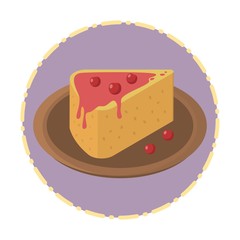 Tasty piece of cake with berry syrup and cherries on a plate. Isolated isometric drawing in a flat style. Vector illustration for website, cafe, restaurant menu, pastry shop. Piece of cherry pie