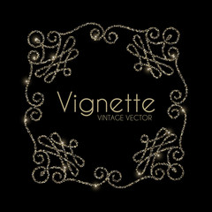 Vintage swirl ornament vignette. Elegnat gold glittering design template.