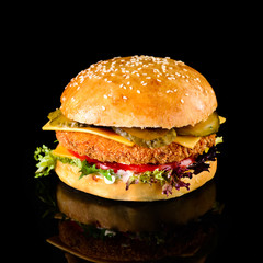 homemade cheeseburger on a black background with reflection
