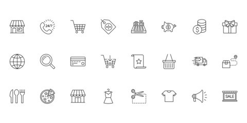 SHOPPING vs E-COMMERCE line thin icons set. Vector illustrations collection EPS10.