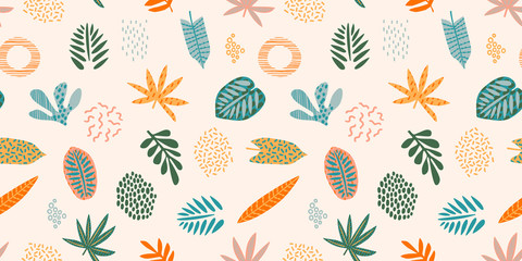 Cotton fabric Abstract seamless pattern with tropical leaves. Hand draw texture. Vector.