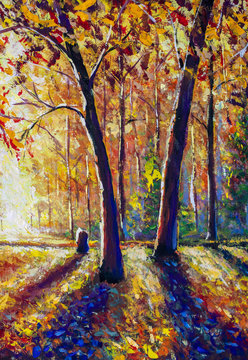 Original hand painted autumn oil painting on canvas. Sunny autumn dark trees in gold autumn forest park wood alley impressionism art © weris7554