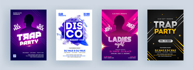 Trap Party, Disco Night and Ladies Night Party Flyer Design in Four Color Background.