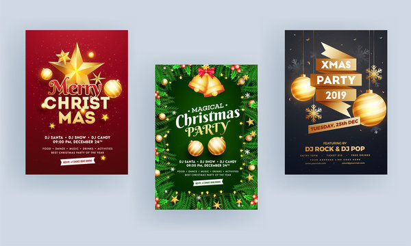 Merry Christmas Party Invitation Card Design with Xmas Festival Elements in Three Color Background.