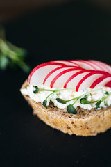 Canapes with cheese and garlic and radish, sprinkled with sprouts of young beans. Snack at the restaurant for alcohol