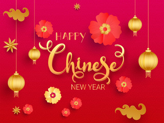 Fototapeta na wymiar Golden Happy Chinese New Year Text Decorated with Flowers, Clouds, Stars and hanging Lanterns on Red and Pink Squama Pattern Background.