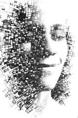 Paintography. Double exposure portrait of an attractive woman combined with drawing of interconnecting lines