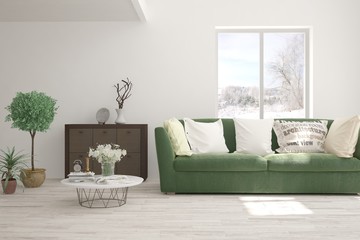 Stylish room in white color with sofa and winter landscape in window. Scandinavian interior design. 3D illustration