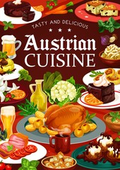 Food of Austrian cuisine, vector desserts, vegetables and beer. National meals of Austria, meat and coffee cup. Tyrolean beef stew and chocolate cake , potato pasta and beer soup, cabbage