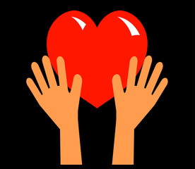 Hands raised up and a big heart on a black background. Vector illustration.