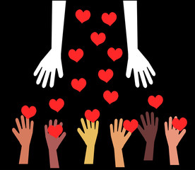 Hands of various people and hearts on a black background. Vector illustration.