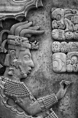 Detail of a bas-relief depicting Mayan king Pakal, pre-Columbian Maya civilization, Palenque, Chiapas, Mexico.