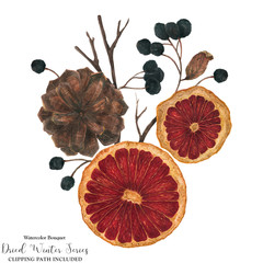 Christmas bouquet with dried oranges and winter plants