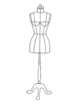 Women's sewing mannequin with technical lines for atelier, fashion boutique. Black- white female dummy tailor. Vector illustration Isolated on white background. Drawn by hand graphic sketch. Coloring.