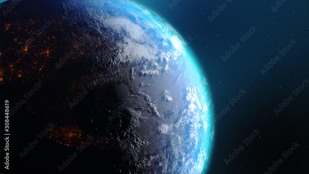 Poster 3d rendering earth with world map hot terrain cloud and water against the space with noise and grain