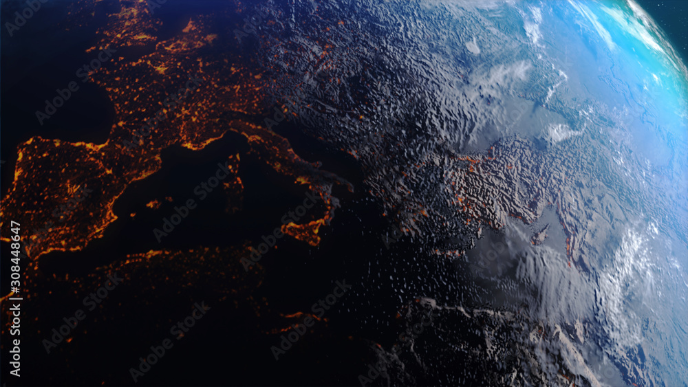 Poster 3d rendering earth with world map hot terrain cloud and water against the space with noise and grain