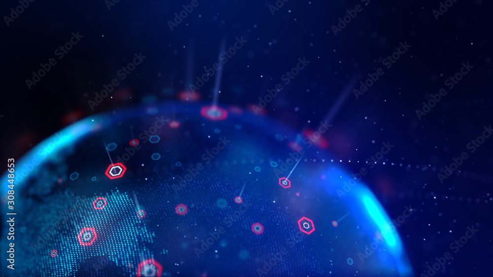Poster abstract background dot blue world map with hexagon shape for a cyber futuristic concept shallow dep