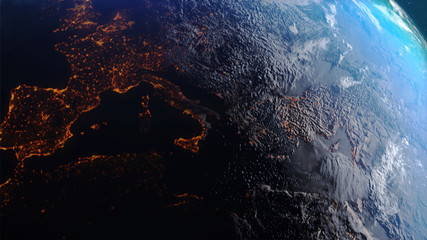 3D Rendering earth with world map hot terrain cloud and water against the space with noise and grain processed image furnished by NASA