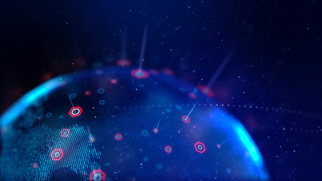 Abstract background dot blue world map with hexagon shape for a cyber futuristic concept shallow depth of field