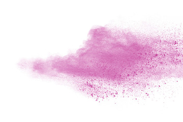 Pink powder explosion on white background. Paint Holi.