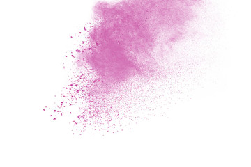 Pink powder explosion on white background. Paint Holi.