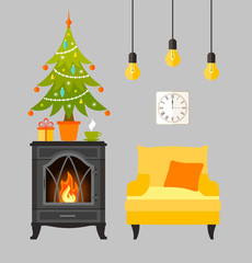 Room with christmas tree, fireplace and armchair. Interior decorated for christmas. Vector illustration in flat style. Holiday card or invitation design.