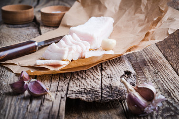 Traditional Ukrainian appetizer, raw lard with garlic and salt