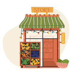 Shop or store facade, market vegetable and fruits. Flat vector icon representing small building with awnings and shelving with goods