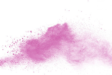 Pink powder explosion on white background. Paint Holi.