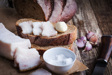 Traditional Ukrainian appetizer, raw lard with garlic and salt
