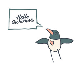 Seagull with speech bubbles. Hello Summer Quotes. Hand drawn vector illustration. The sketch drawing.
