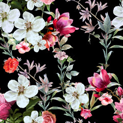 Fototapeta na wymiar Watercolor painting of leaf and flowers, seamless pattern on dark background