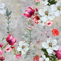 Fototapety  Akwarela malarstwo liści i kwiatów, bezszwowe tło wzór