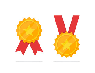 Set of golden medal with star icon in a flat design - obrazy, fototapety, plakaty