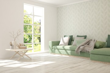 Stylish room in white color with sofa and summer landscape in window. Scandinavian interior design. 3D illustration