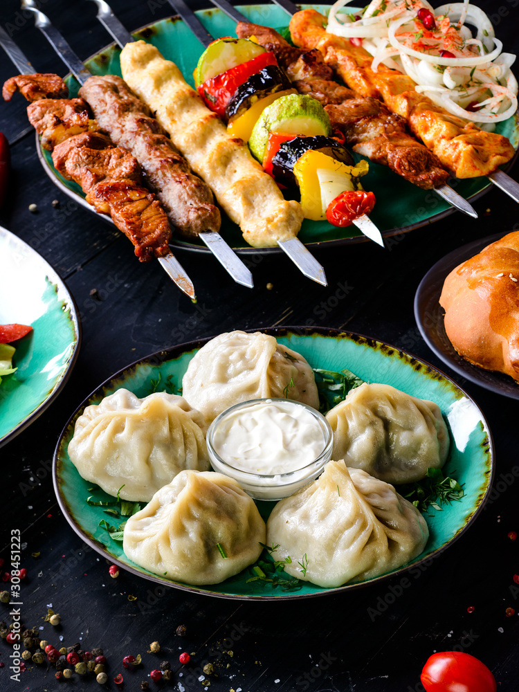 Sticker Georgian dumpling or Khinkali. Georgian homemade manti