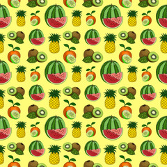 Cartoon seamless pattern with hand drawn fruits: pineapple, orange, watermelon and kiwi on yellow background. Colorful print for textile, fabric, wrapping paper, candy wrapper and web design.