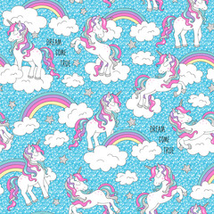 Beautiful unicorn pattern. Trendy seamless vector pattern on a blue background.